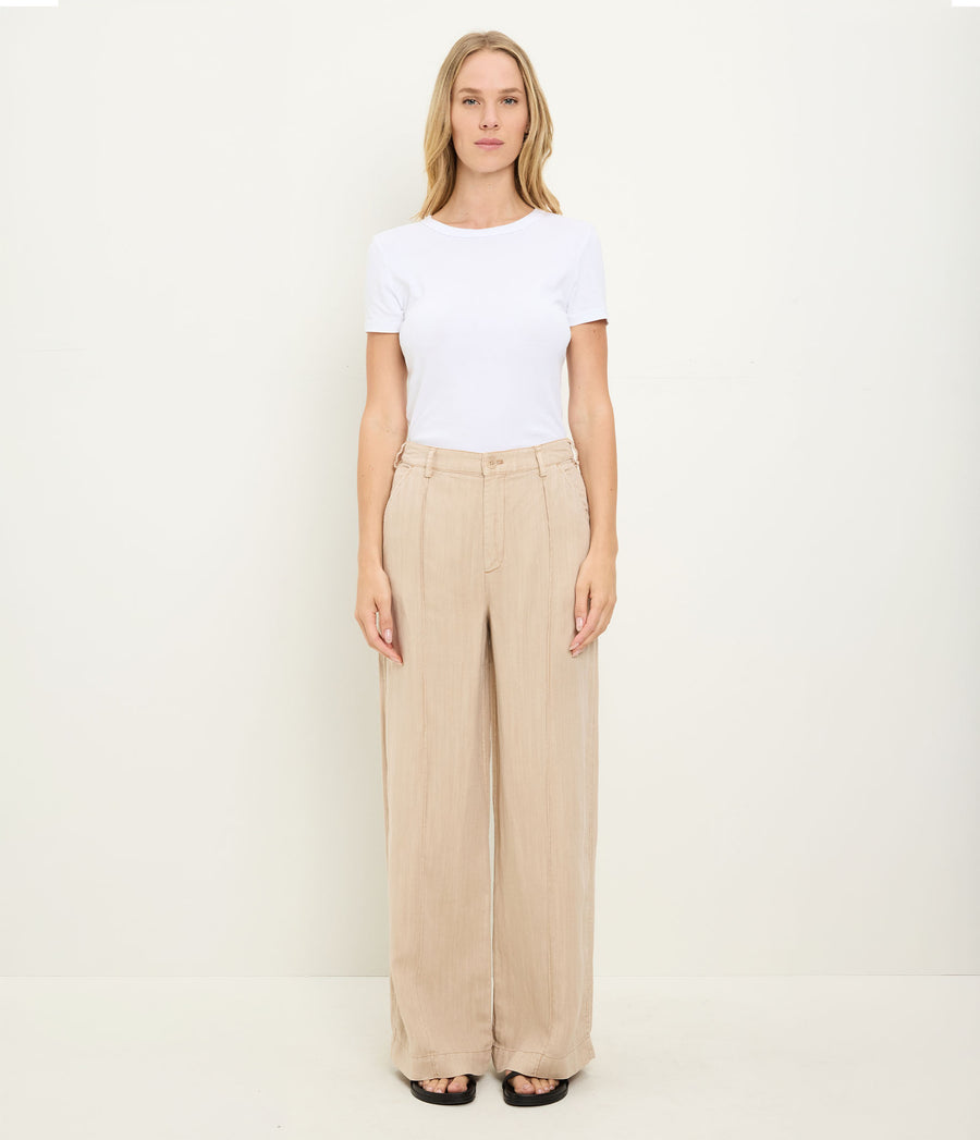 April Linen Trouser in MACADAMIA Beige Full Body View #MACADAMIA