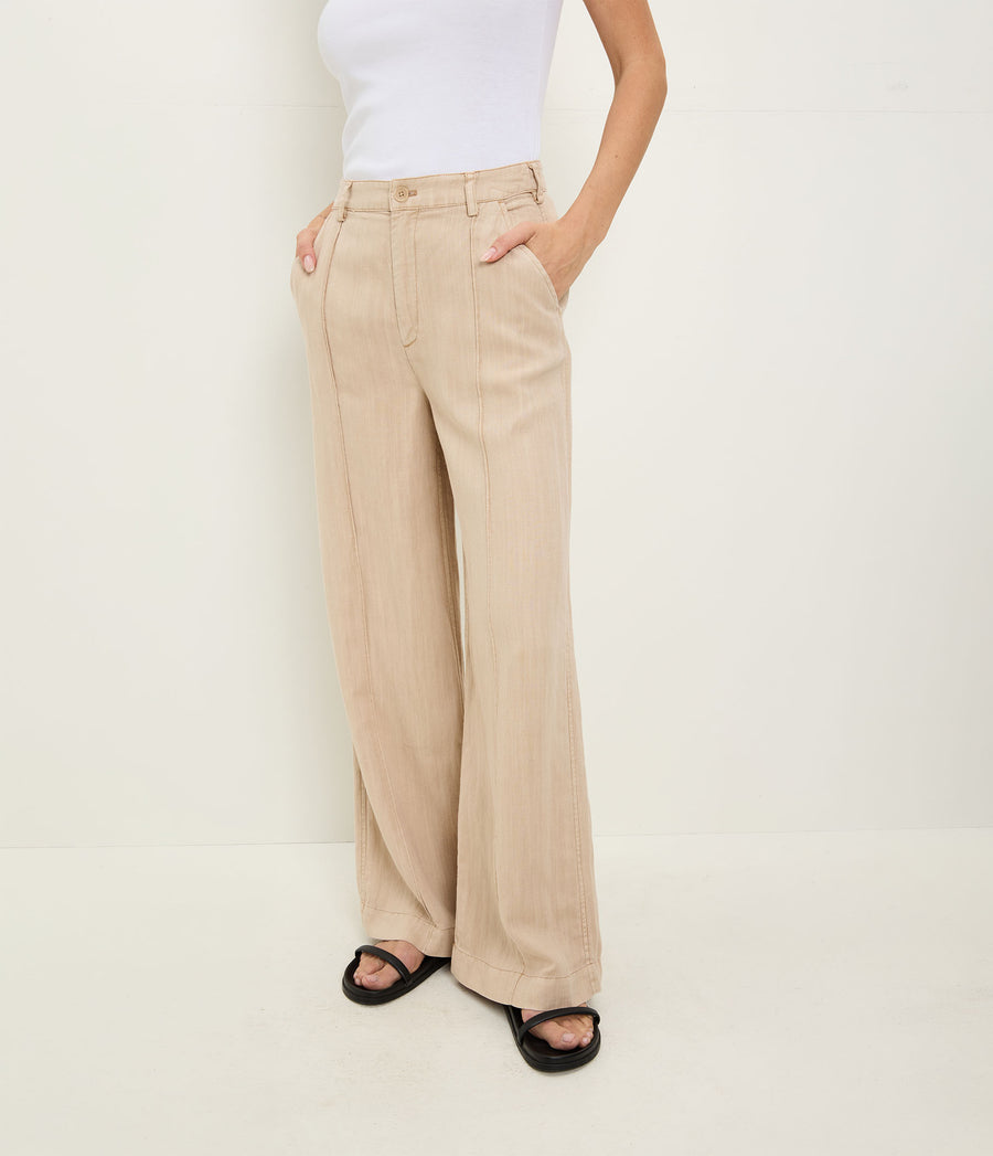 April Linen Trouser in  MACADAMIA Beige Close up View #MACADAMIA