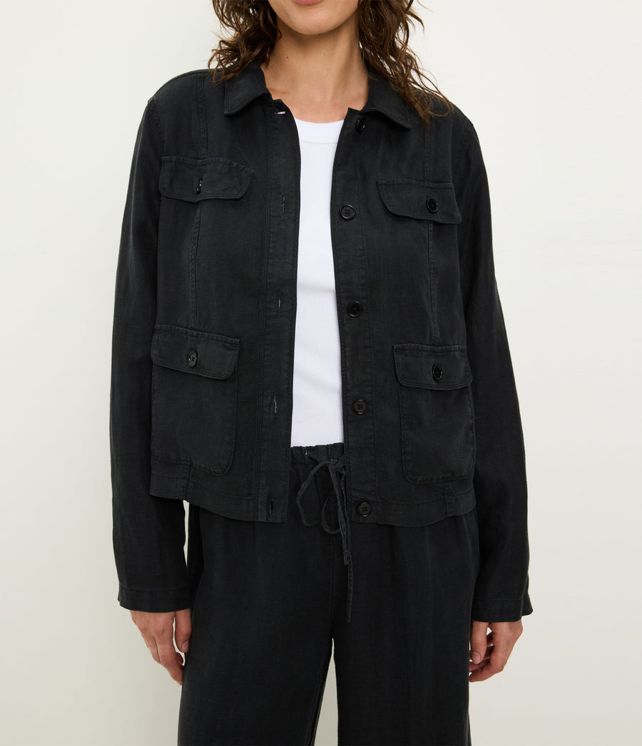 Nash Linen Jacket in Black Close up View #BLACK