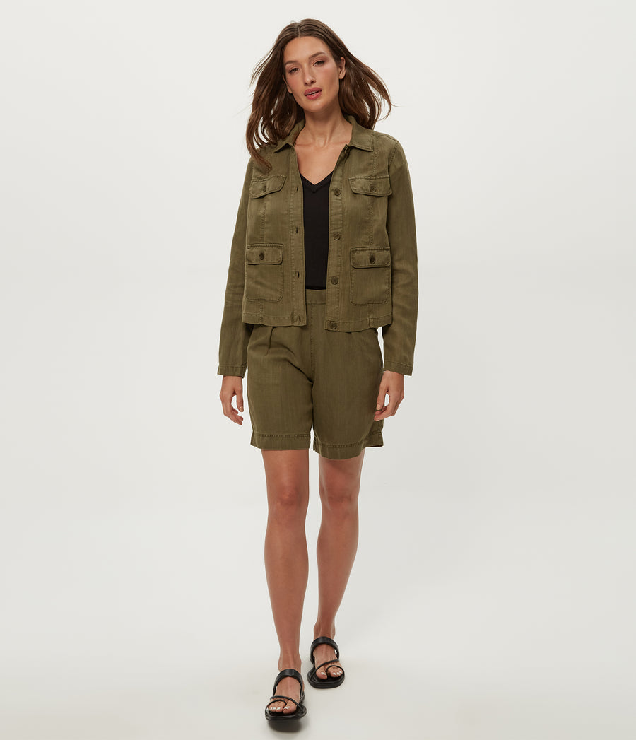 Nash Linen Jacket in CAPER Green Full Body View #CAPER