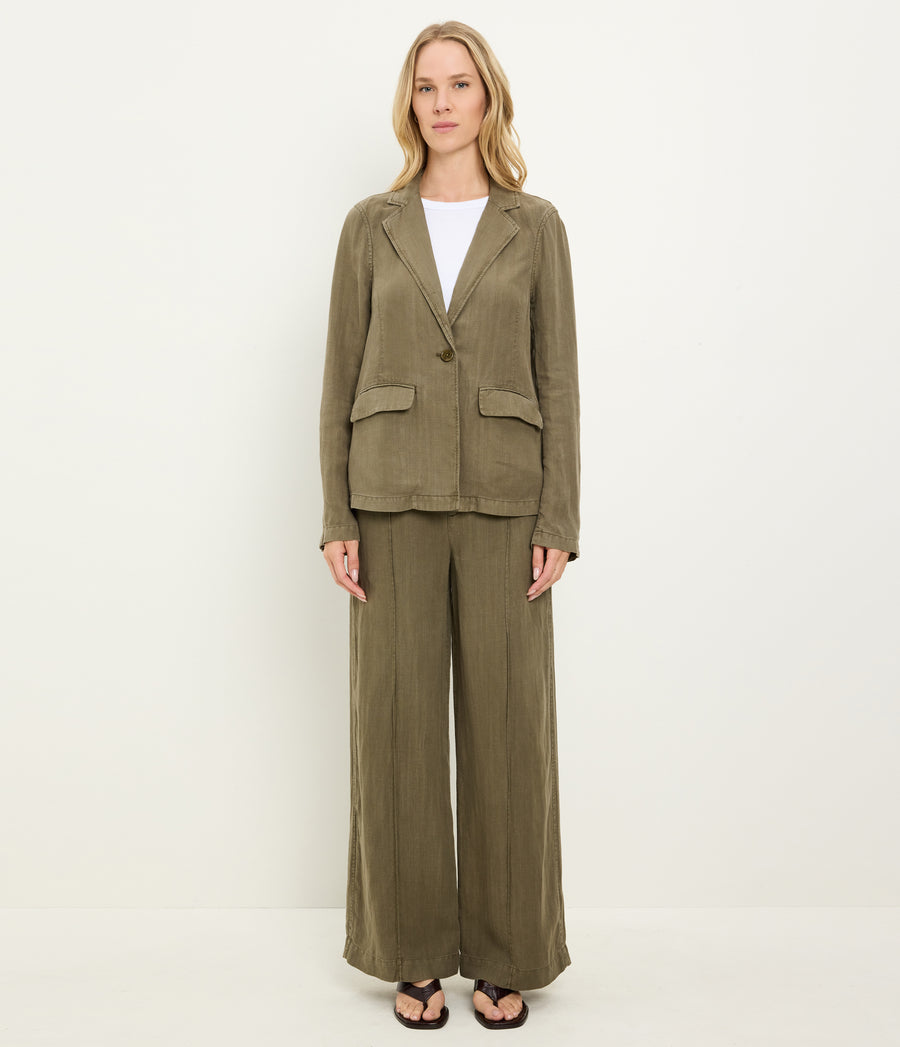 Aubrey Linen Blazer in CAPER Green Full Body View #CAPER