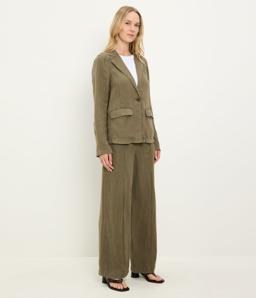 Aubrey Linen Blazer in CAPER Green Full Body View #CAPER