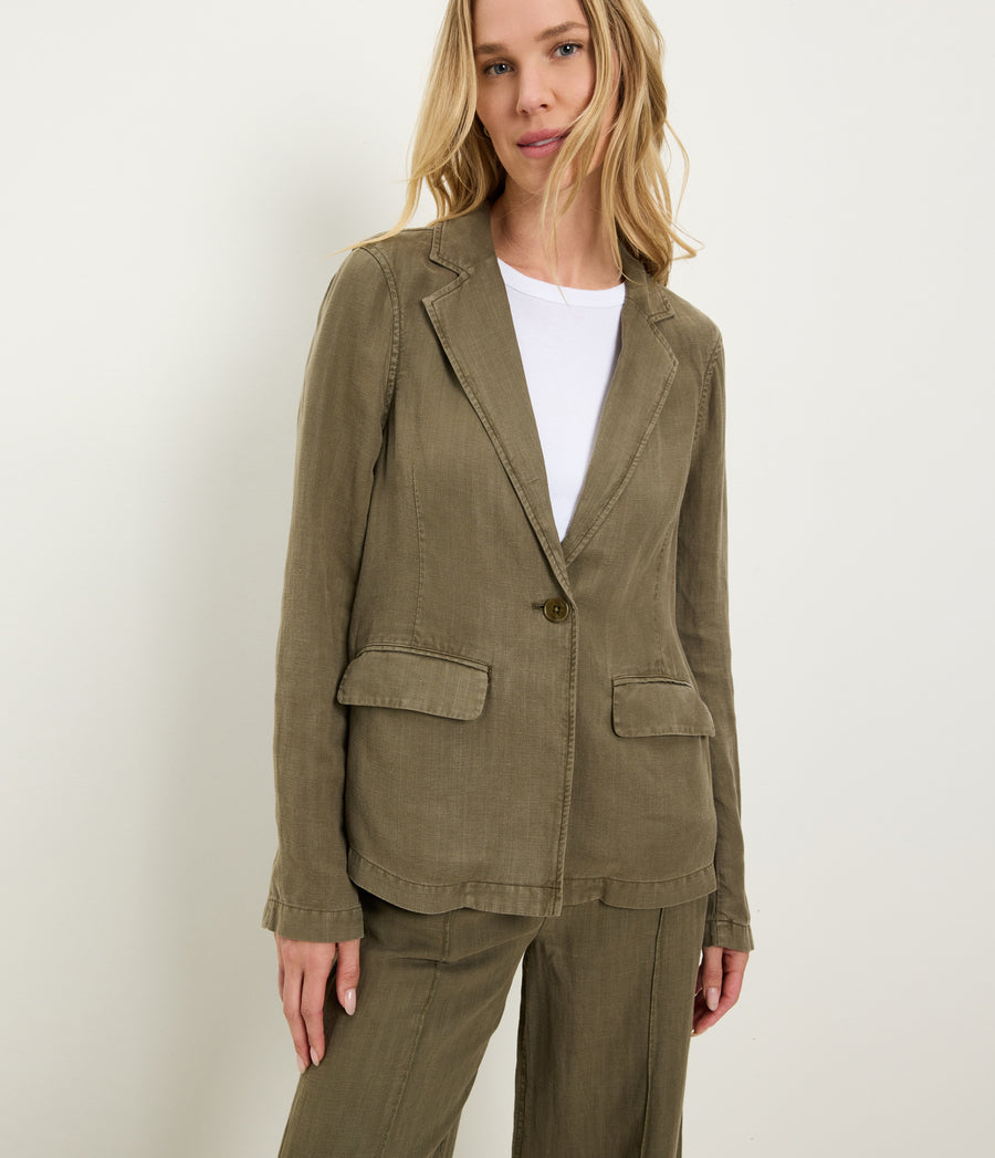Aubrey Linen Blazer in CAPER Green Close up View #CAPER