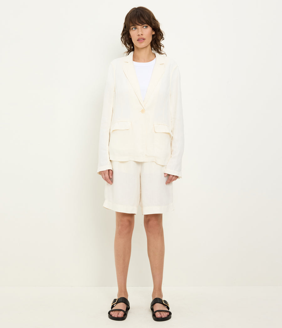 Aubrey Linen Blazer in Parchment White Full Body View #PARCHMENT