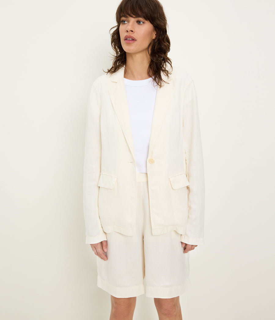 Aubrey Linen Blazer in Parchment White Close up View #PARCHMENT