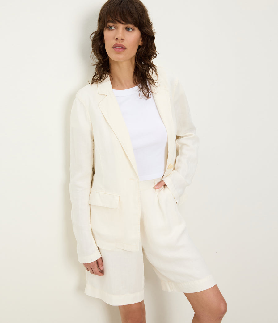 Aubrey Linen Blazer in Parchment White Close up View #PARCHMENT
