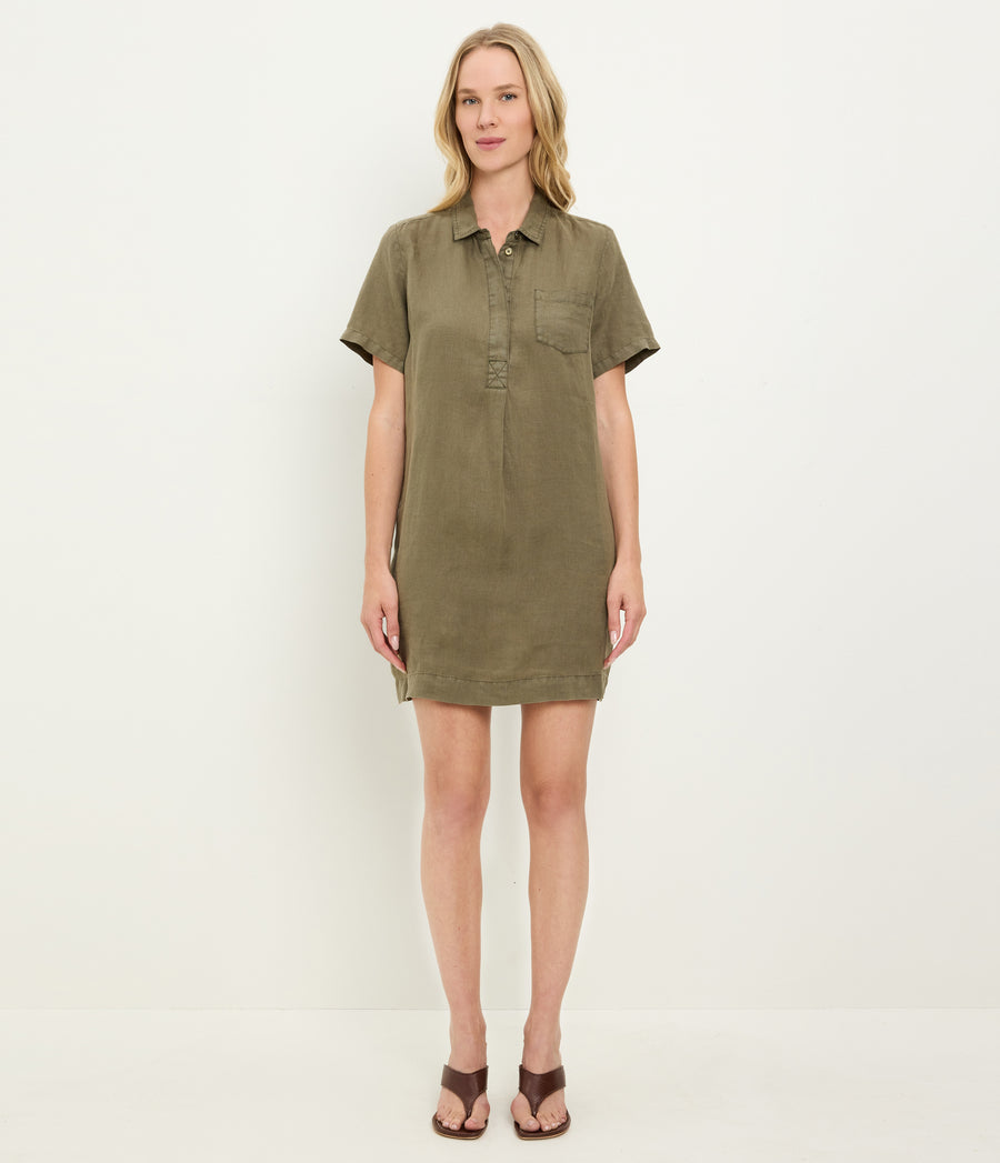 Ola Utility Dress in CAPER Green Full Body View #CAPER