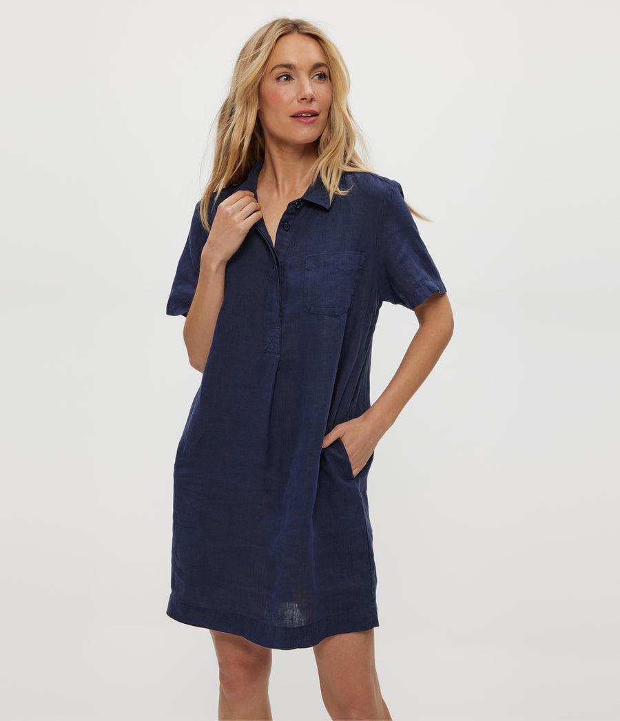 Ola Utility Dress in Nocturnal Blue Close Up View #NOCTURNAL