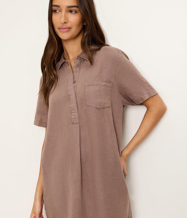 Ola Utility Dress in QUICKSAND Brown Close up View #QUICKSAND