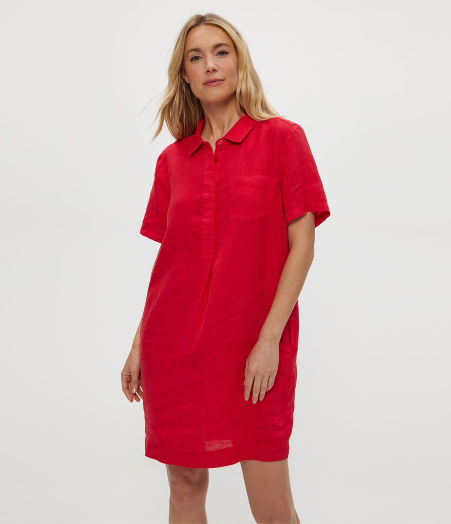 Ola Utility Dress in Rumba Red Close Up View #RUMBA