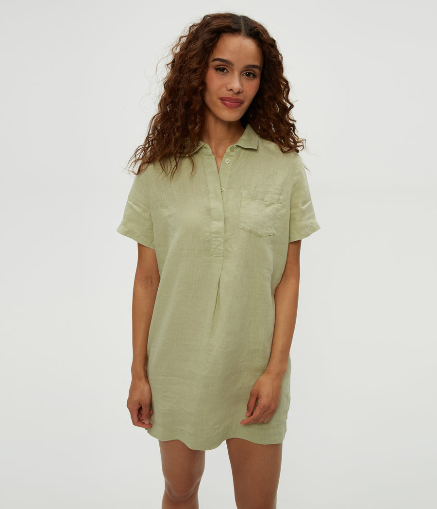 Ola Utility Dress in Seacrest Green Close Up View #SEACREST