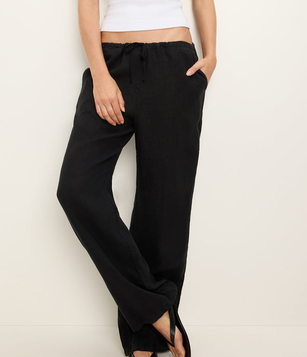 Zadie Linen Pant in Black Close up View #BLACK