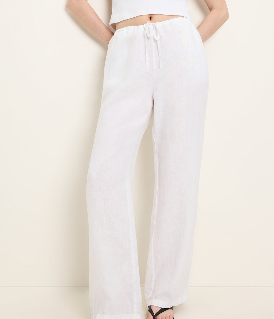 Zadie Linen Pant in White Close up View #WHITE