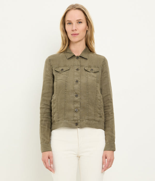Jean Linen Jacket in CAPER Green Close up View #CAPER