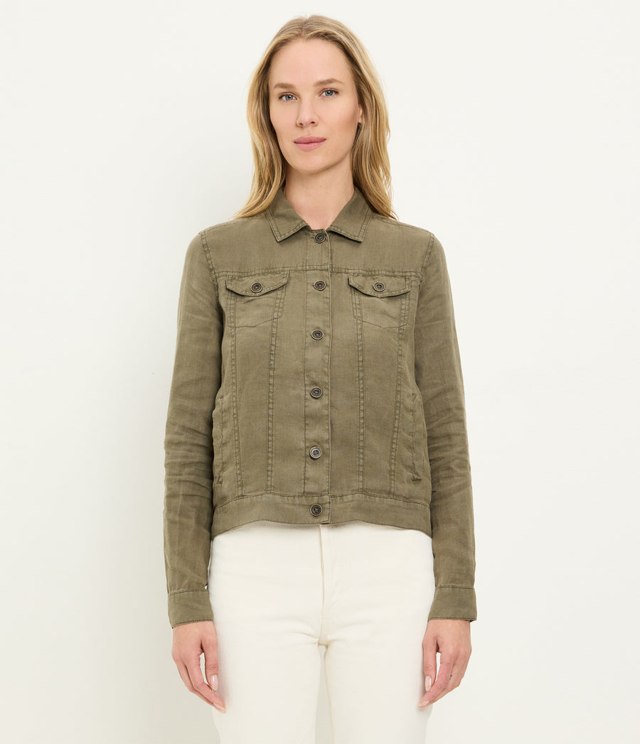 Jean Linen Jacket in CAPER Green Close up View #CAPER