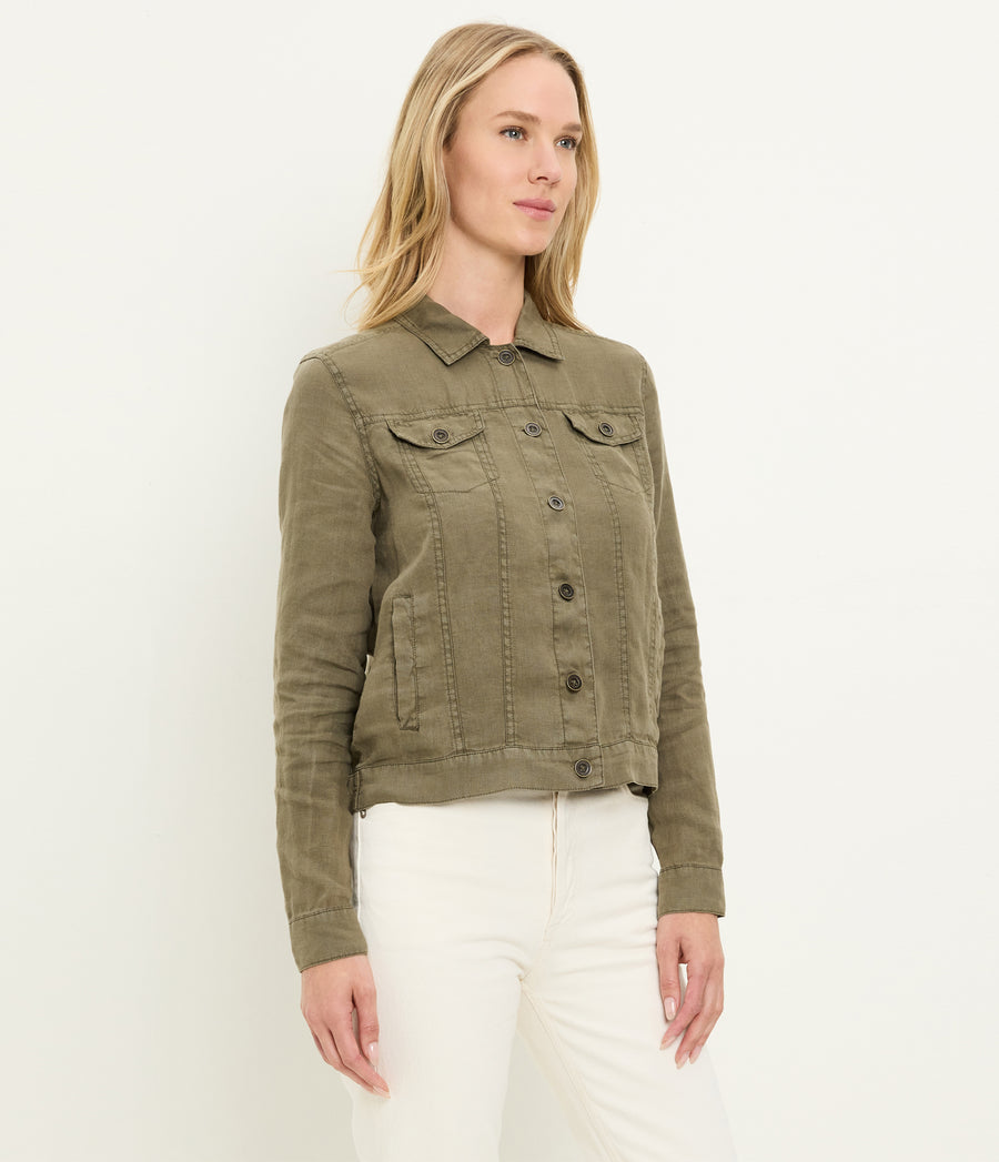 Jean Linen Jacket in CAPER  Green Side View #CAPER