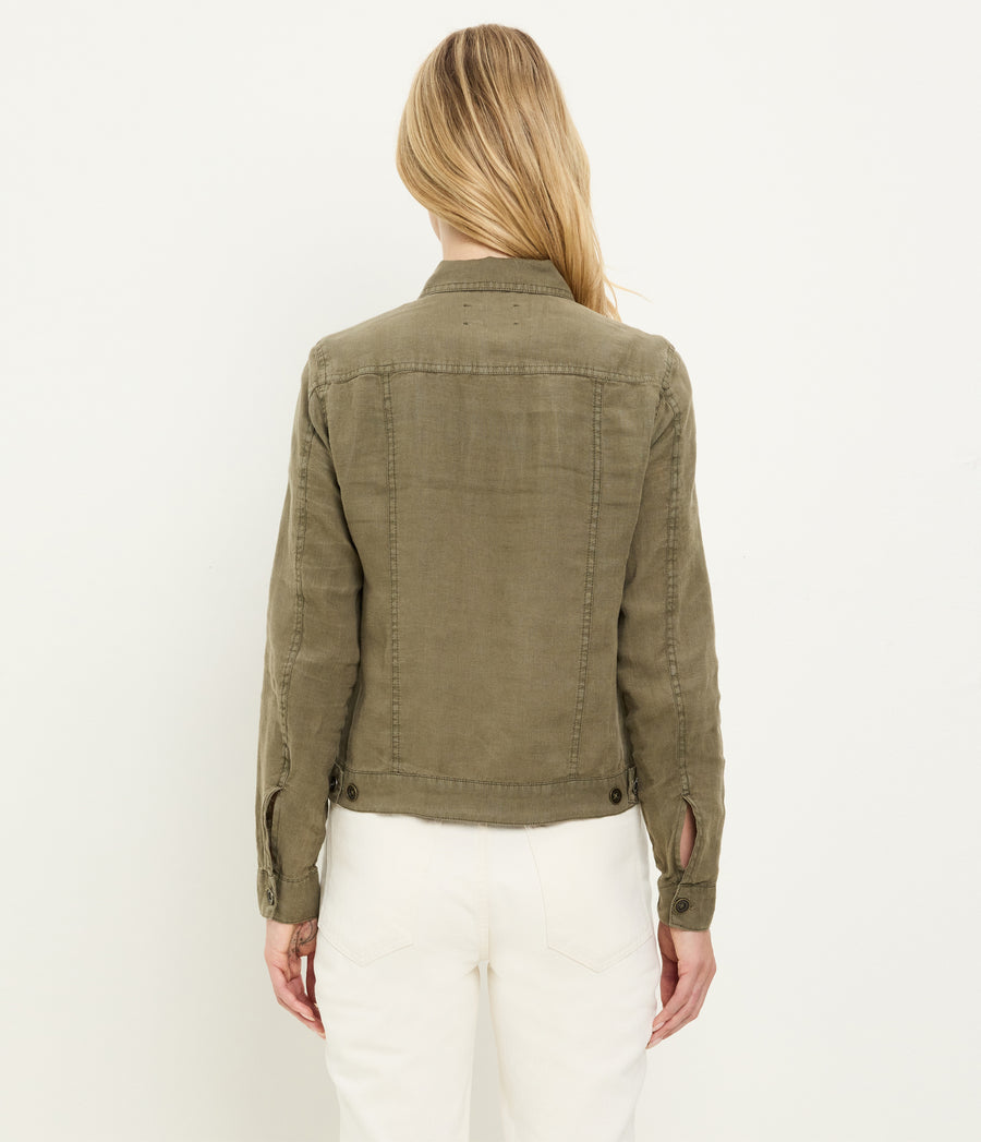 Jean Linen Jacket in CAPER Green Back View #CAPER