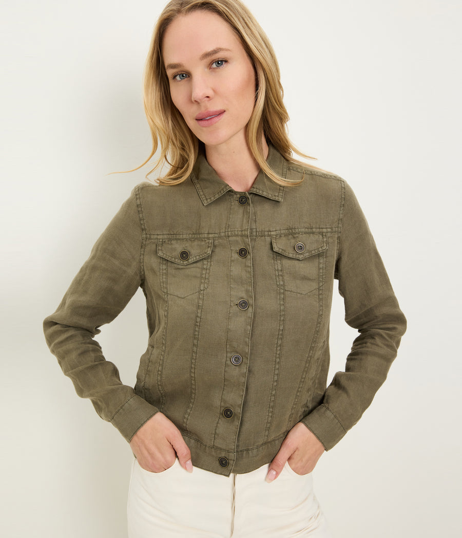 Jean Linen Jacket in CAPER Green Close up View #CAPER
