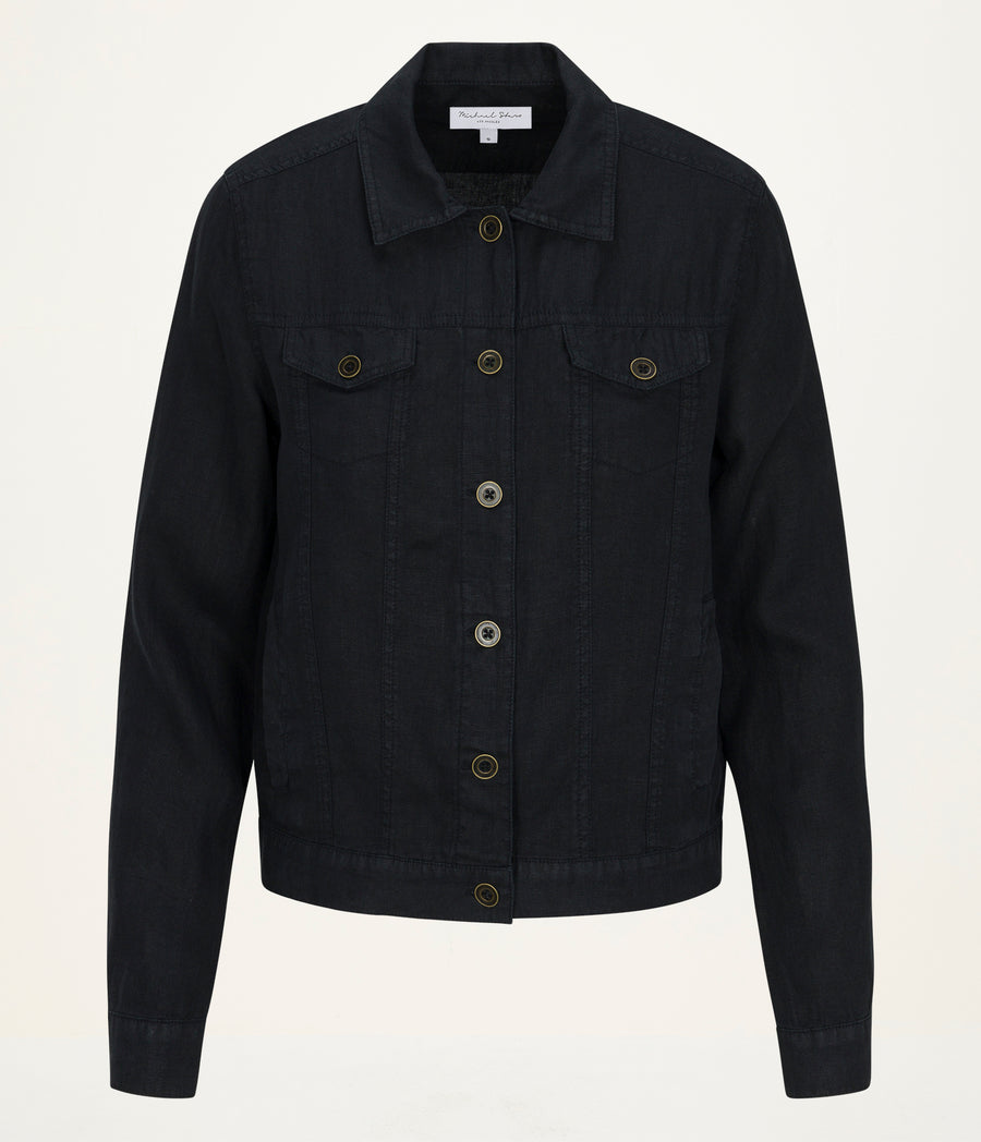 Jean Linen Jacket in Black Close up View #BLACK