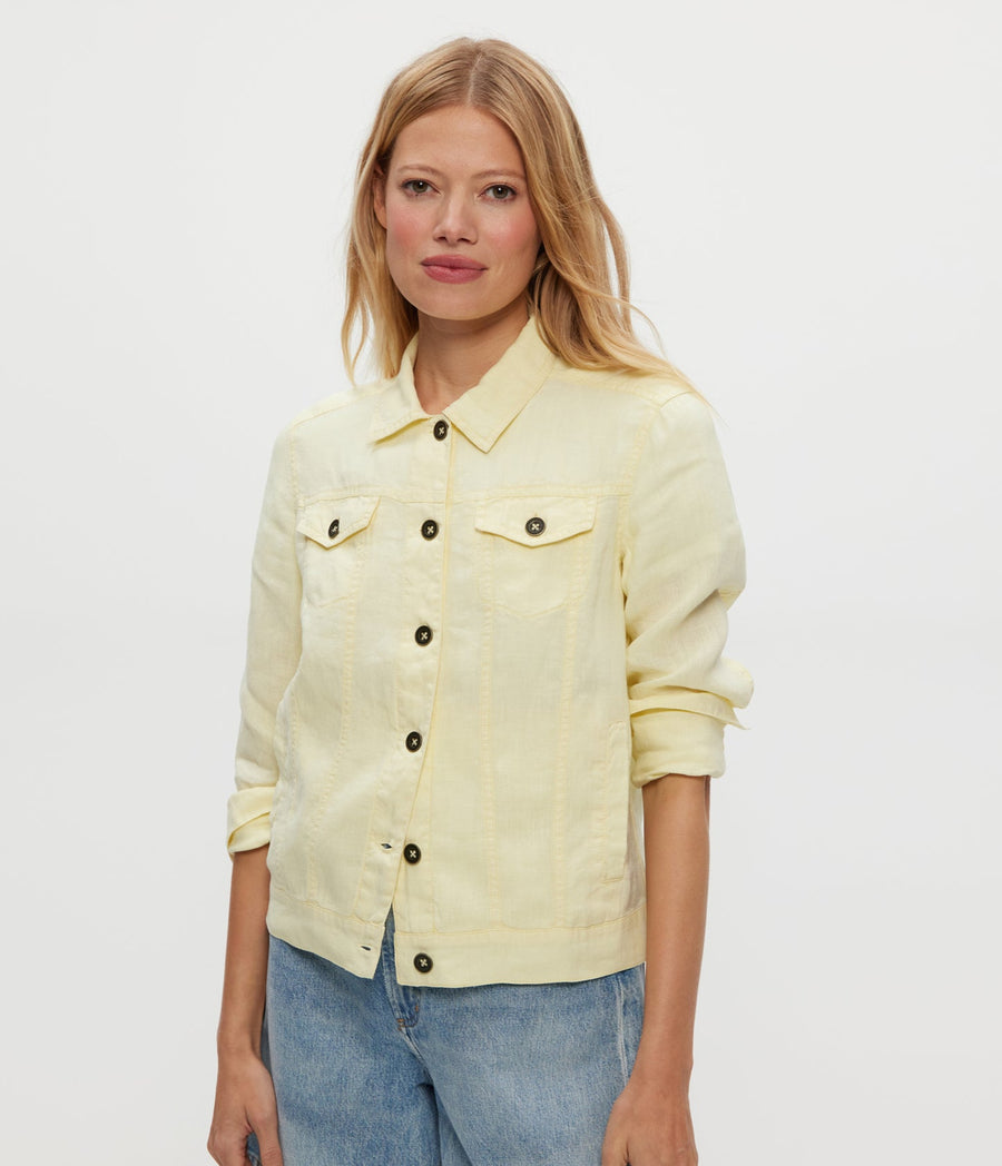 Jean Linen Jacket in Butter Yellow Close Up View #BUTTER