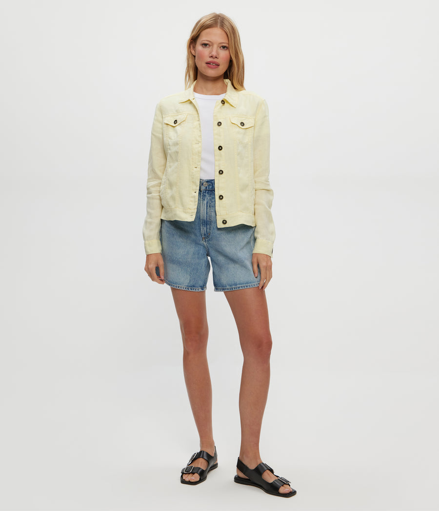 Jean Linen Jacket in Butter Yellow Full Body View #BUTTER