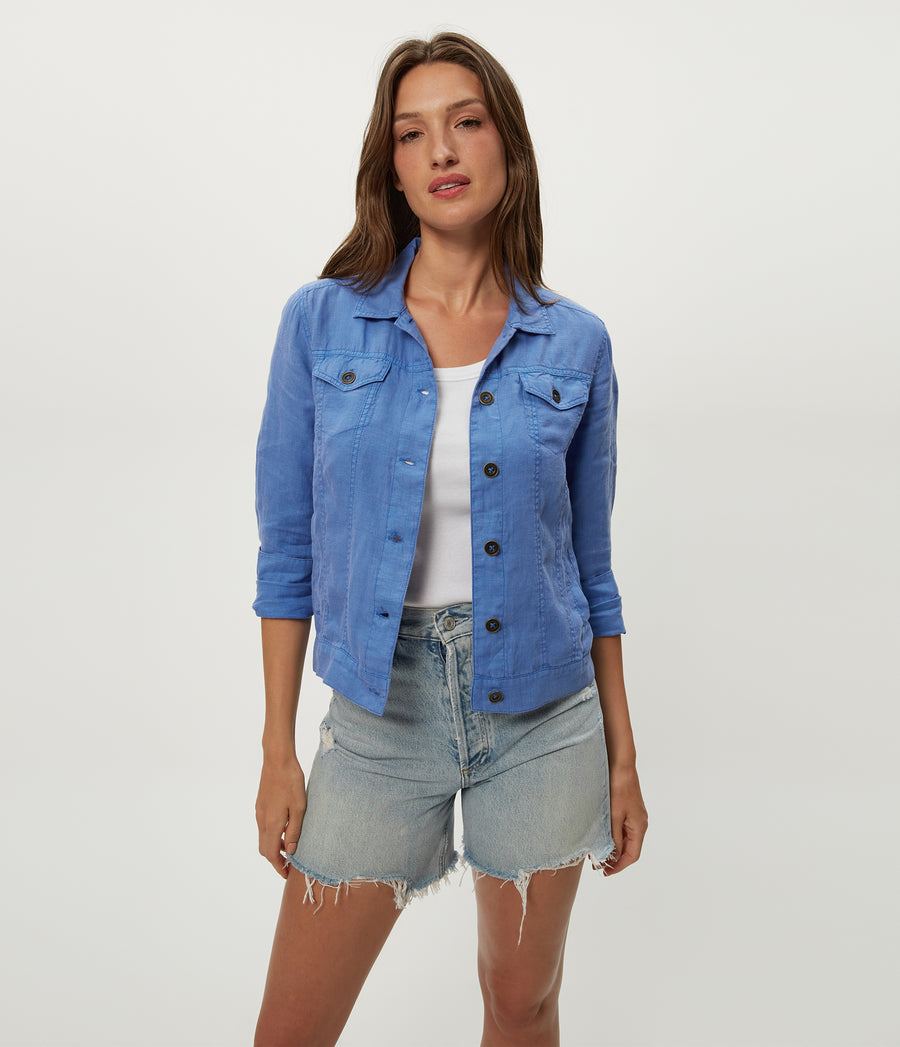 Jean Linen Jacket in BABY BLUE Blue Close up View #BLUE RIBBON