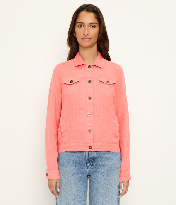 Jean Linen Jacket in CORAL SHERBET PINK Full Body View #CORAL SHERBET