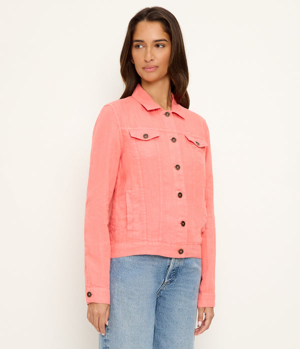 Jean Linen Jacket in CORAL SHERBET PINK Side View #CORAL SHERBET