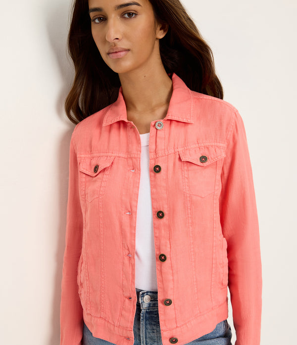 Jean Linen Jacket in CORAL SHERBET PINK Close up View #CORAL SHERBET