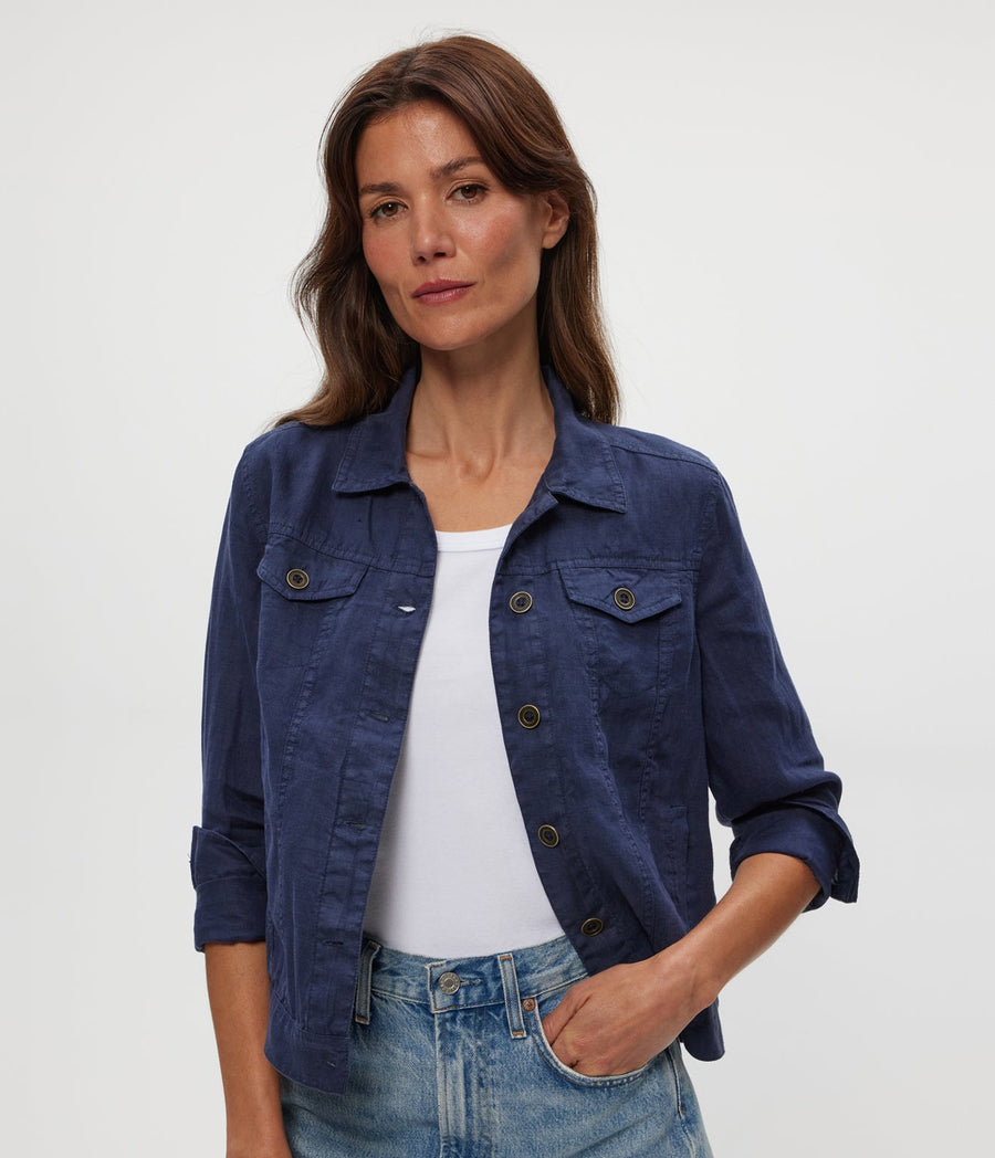 Jean Linen Jacket in Nocturnal Blue Close Up View #NOCTURNAL