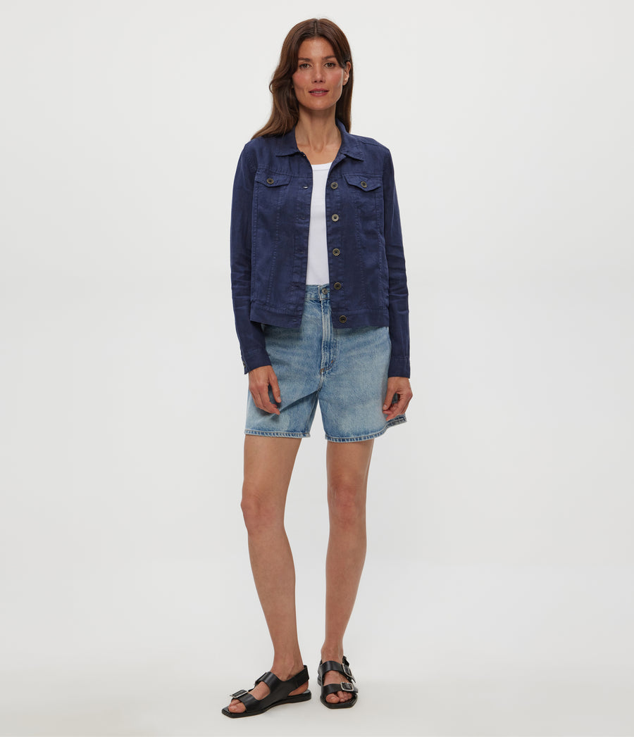 Jean Linen Jacket in Nocturnal Blue Full Body View #NOCTURNAL