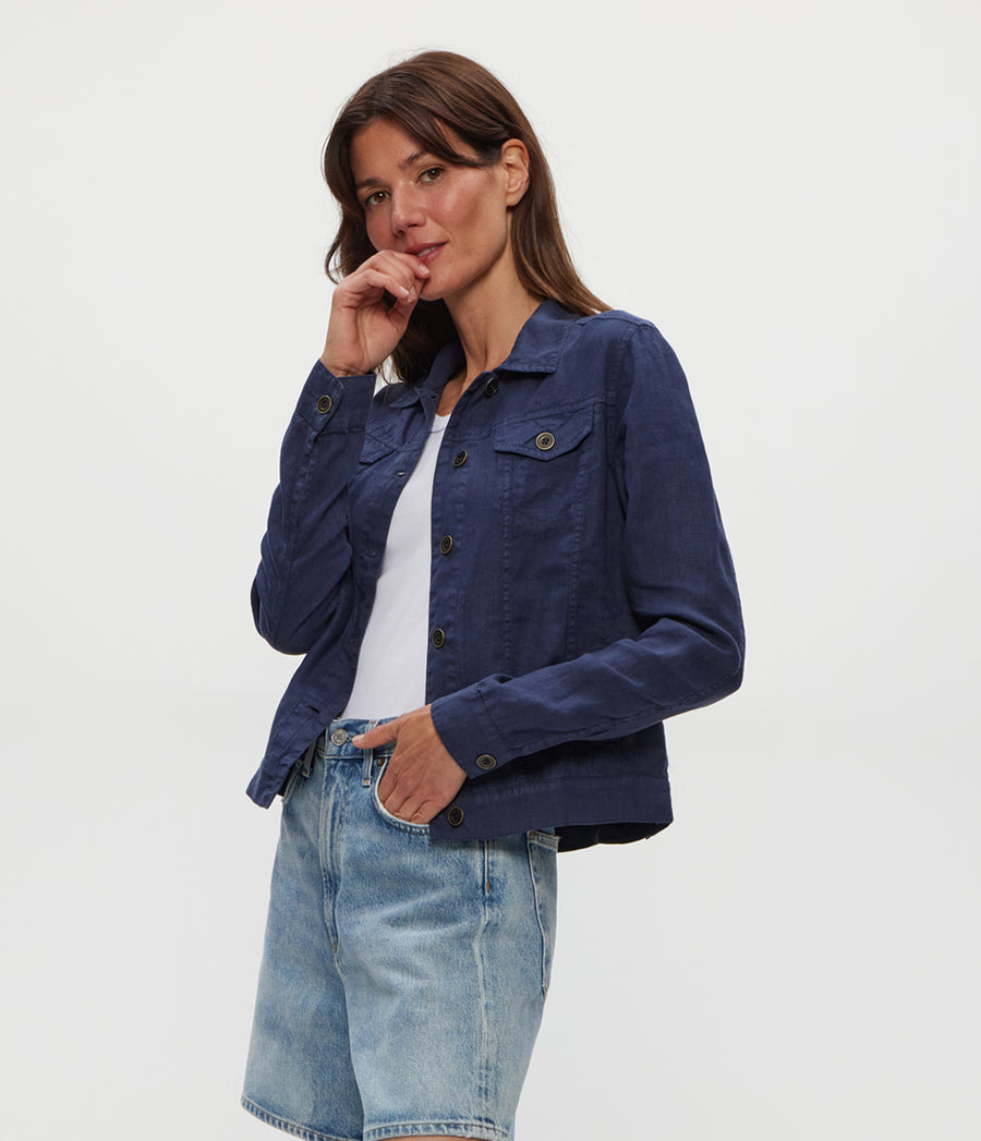 Jean Linen Jacket in Nocturnal Blue Side View #NOCTURNAL