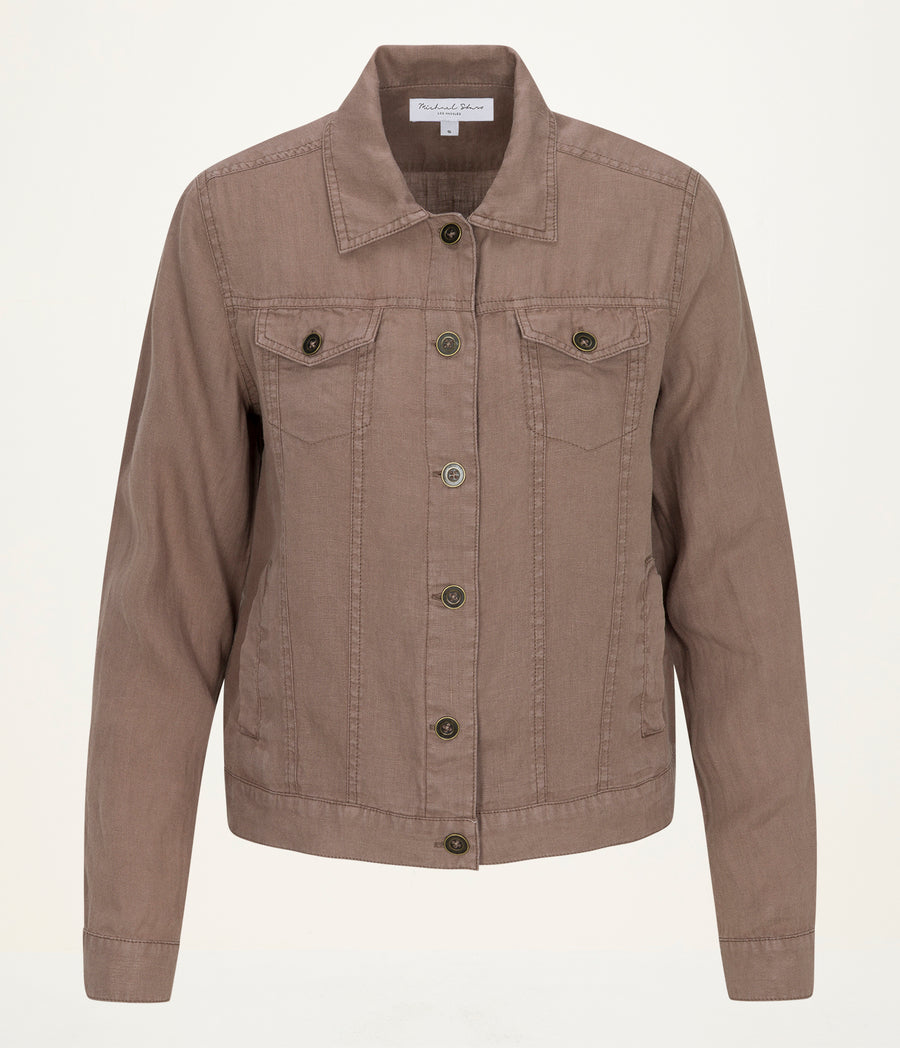 Jean Linen Jacket in QUICKSAND Brown Close up View #QUICKSAND