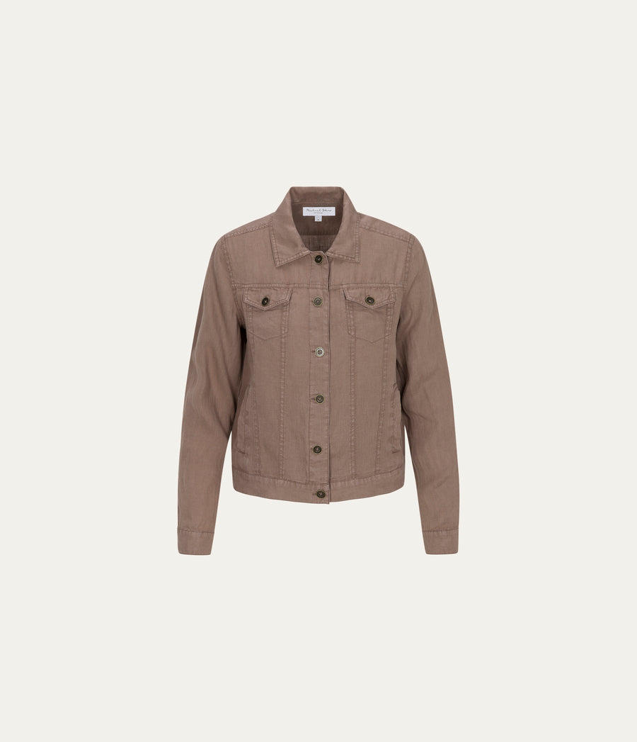 Jean Linen Jacket in QUICKSAND Brown Close up View #QUICKSAND