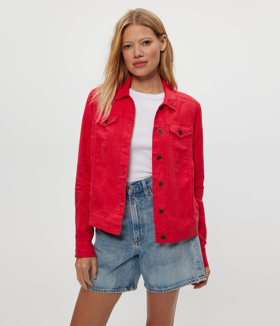 Jean Linen Jacket in Rumba Red Close Up View #RUMBA