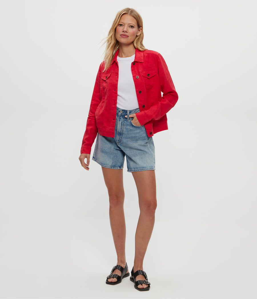 Jean Linen Jacket in Rumba Red Full Body View #RUMBA