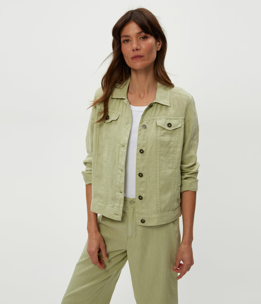 Jean Linen Jacket in Seacrest Green Close Up View #SEACREST