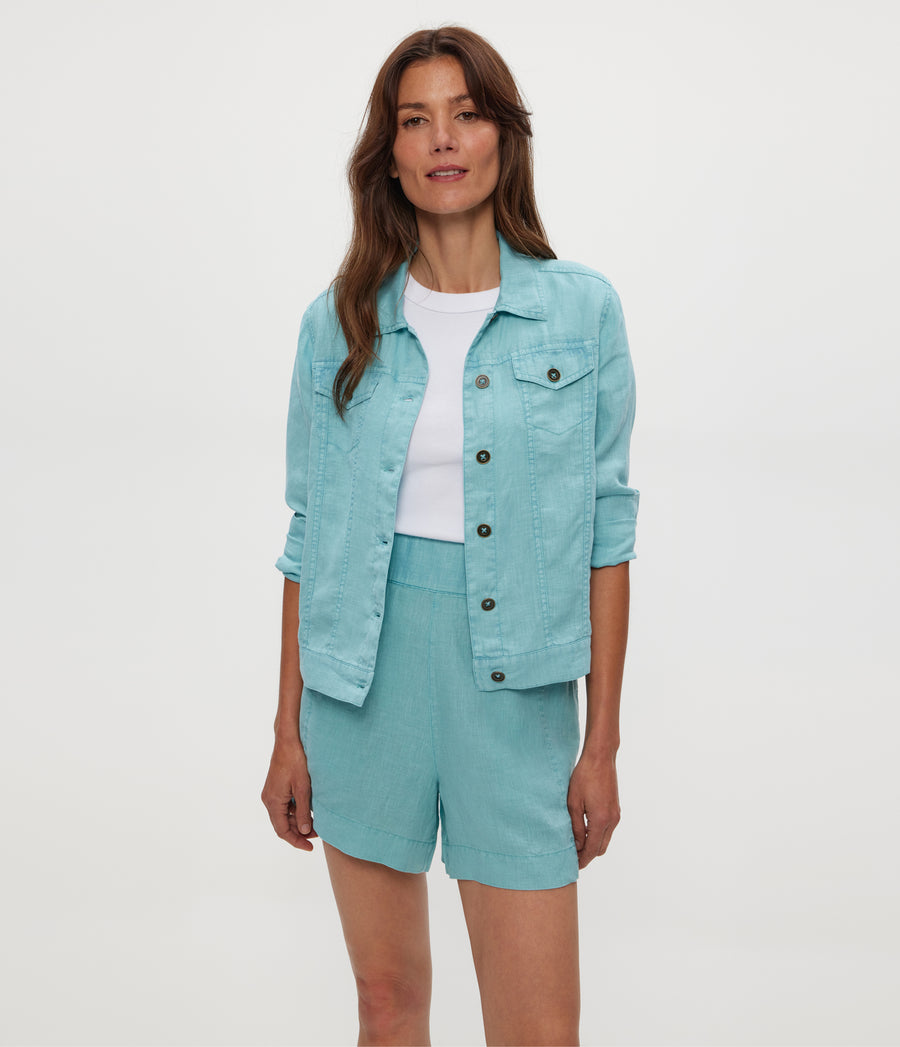 Jean Linen Jacket in SERENE BLUE Close Up View #SERENE