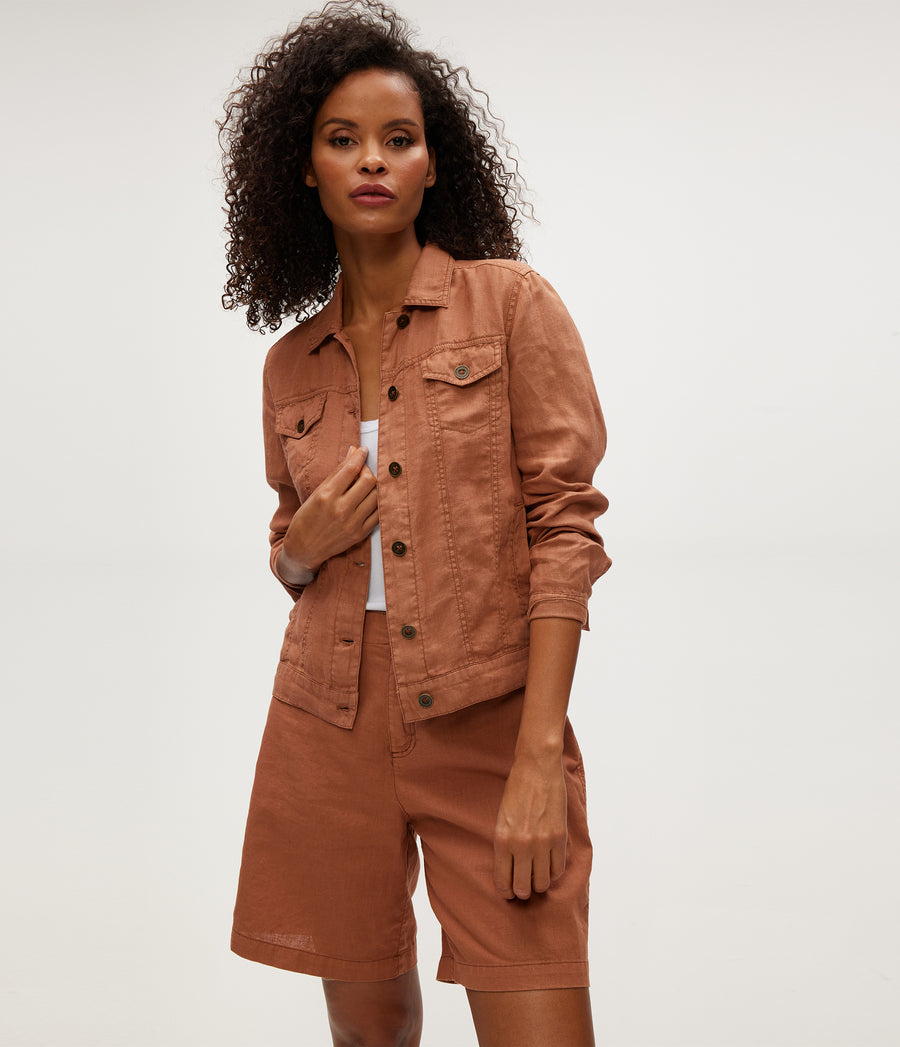 Jean Linen Jacket in TERRA Orange Close Up View #TERRA