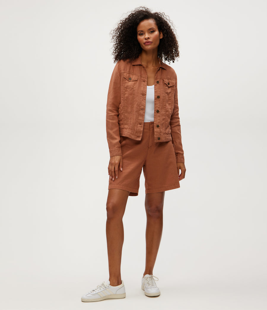 Jean Linen Jacket in TERRA Orange Full Body View #TERRA