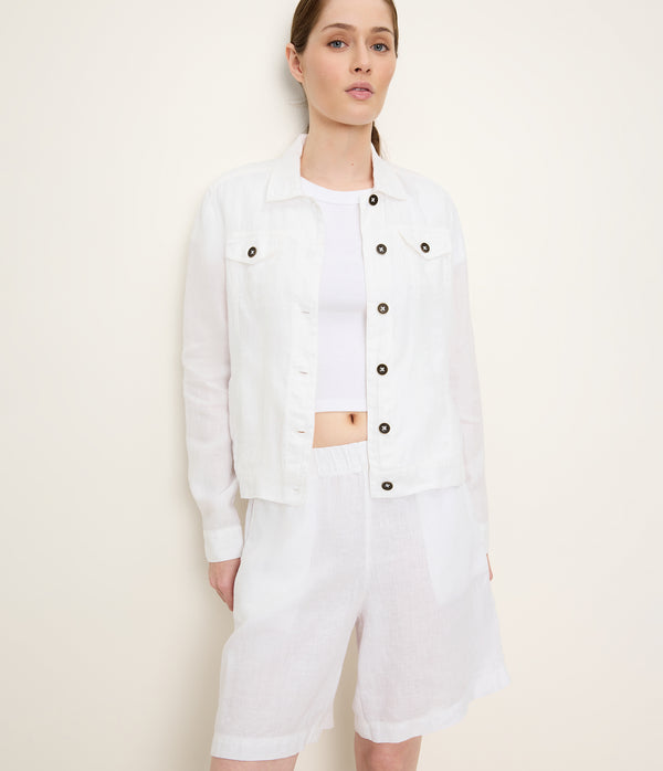 Jean Linen Jacket in White Close up View #WHITE