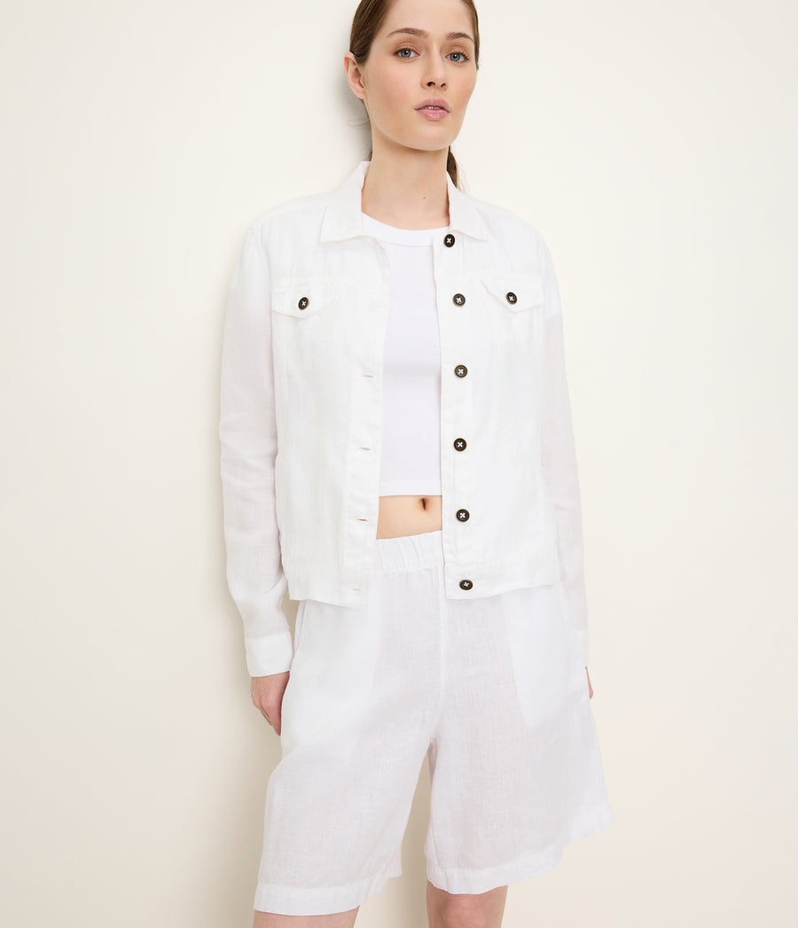 Jean Linen Jacket in White Close up View #WHITE