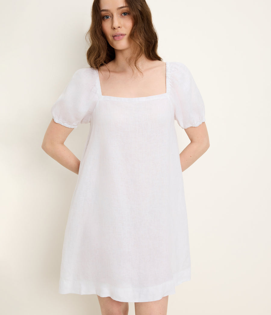 Tabitha Square Neck Babydoll Dress in White Close up View #WHITE
