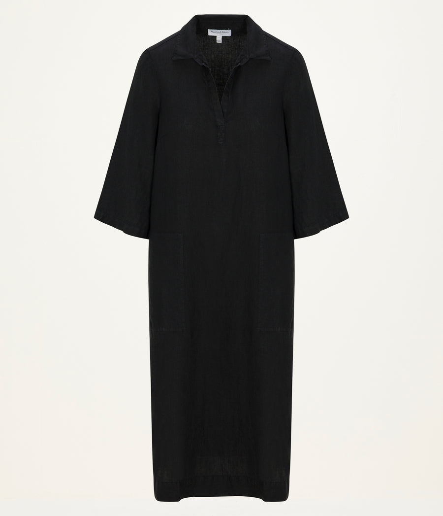 Briony Linen Shirtdress in Black Close up View #BLACK