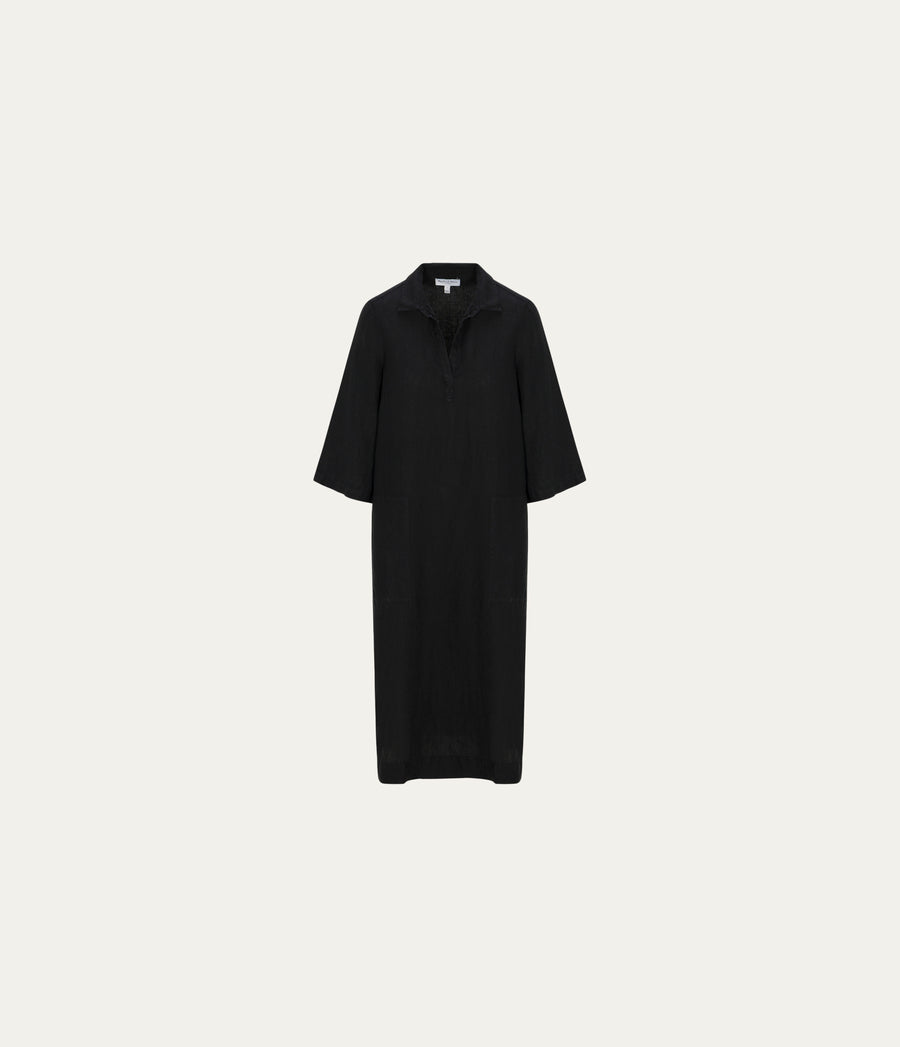 Briony Linen Shirtdress in Black Close up View #BLACK