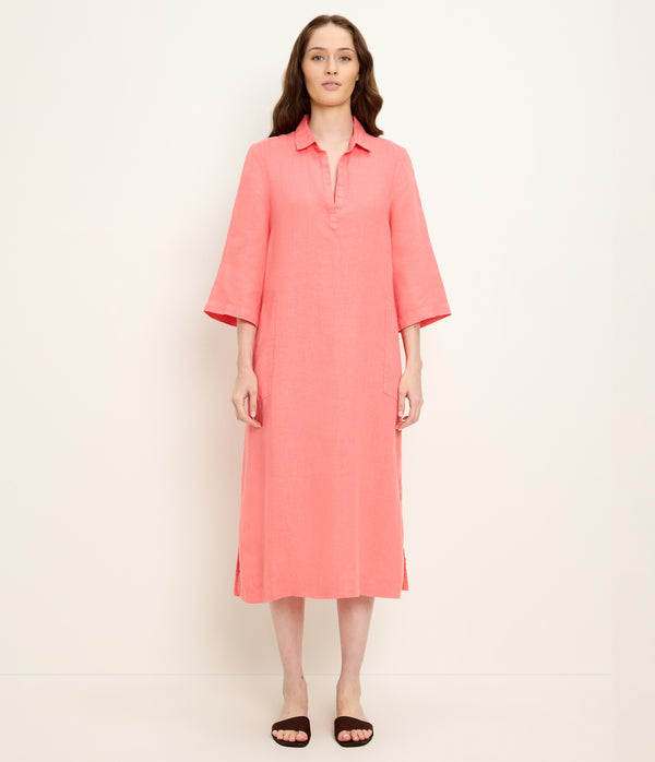 Briony Linen Shirtdress in CORAL SHERBET Orange Full Body View #CORAL SHERBET