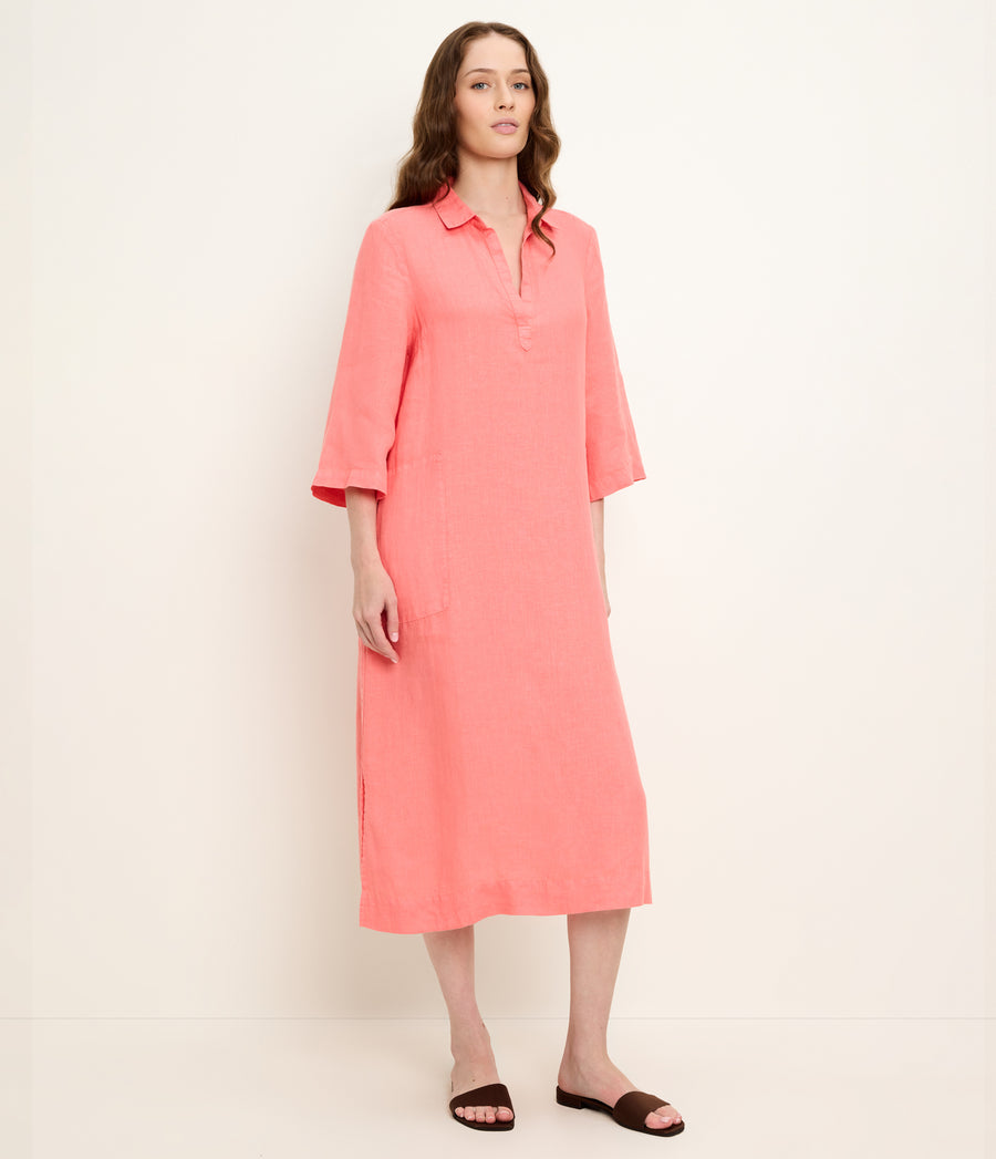 Briony Linen Shirtdress in CORAL SHERBET Orange Side View #CORAL SHERBET