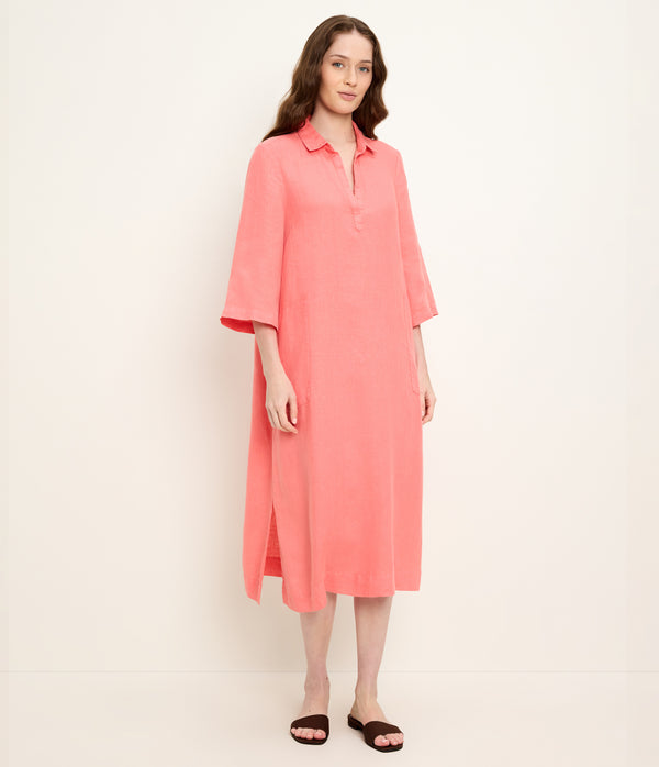Briony Linen Shirtdress in CORAL SHERBET Orange Full Body View #CORAL SHERBET