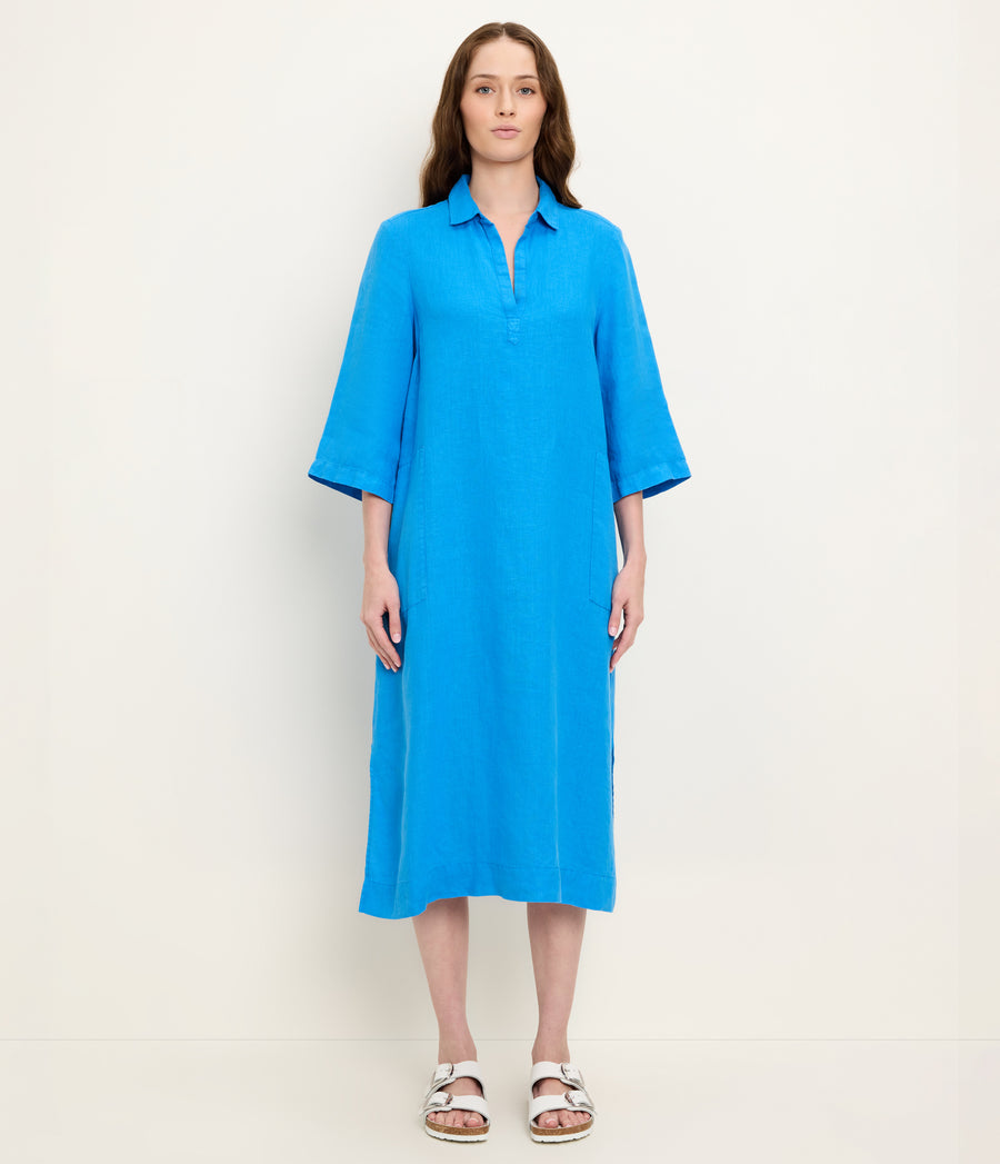 Briony Linen Shirtdress in PACIFIC BLUE Full Body View #PACIFIC
