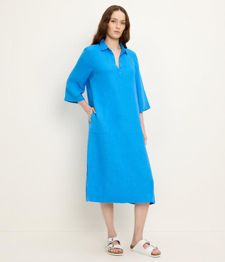 Briony Linen Shirtdress in PACIFIC BLUE Full Body View #PACIFIC